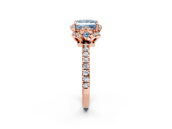 Rose gold Fancy Blue Princess Cut Diamond Halo Pave Band with Four-Prong Setting
