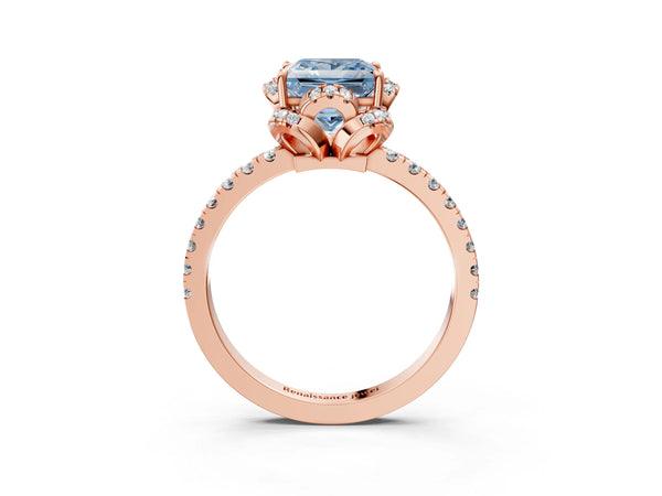 Rose gold Fancy Blue Princess Cut Diamond Halo Pave Band with Four-Prong Setting