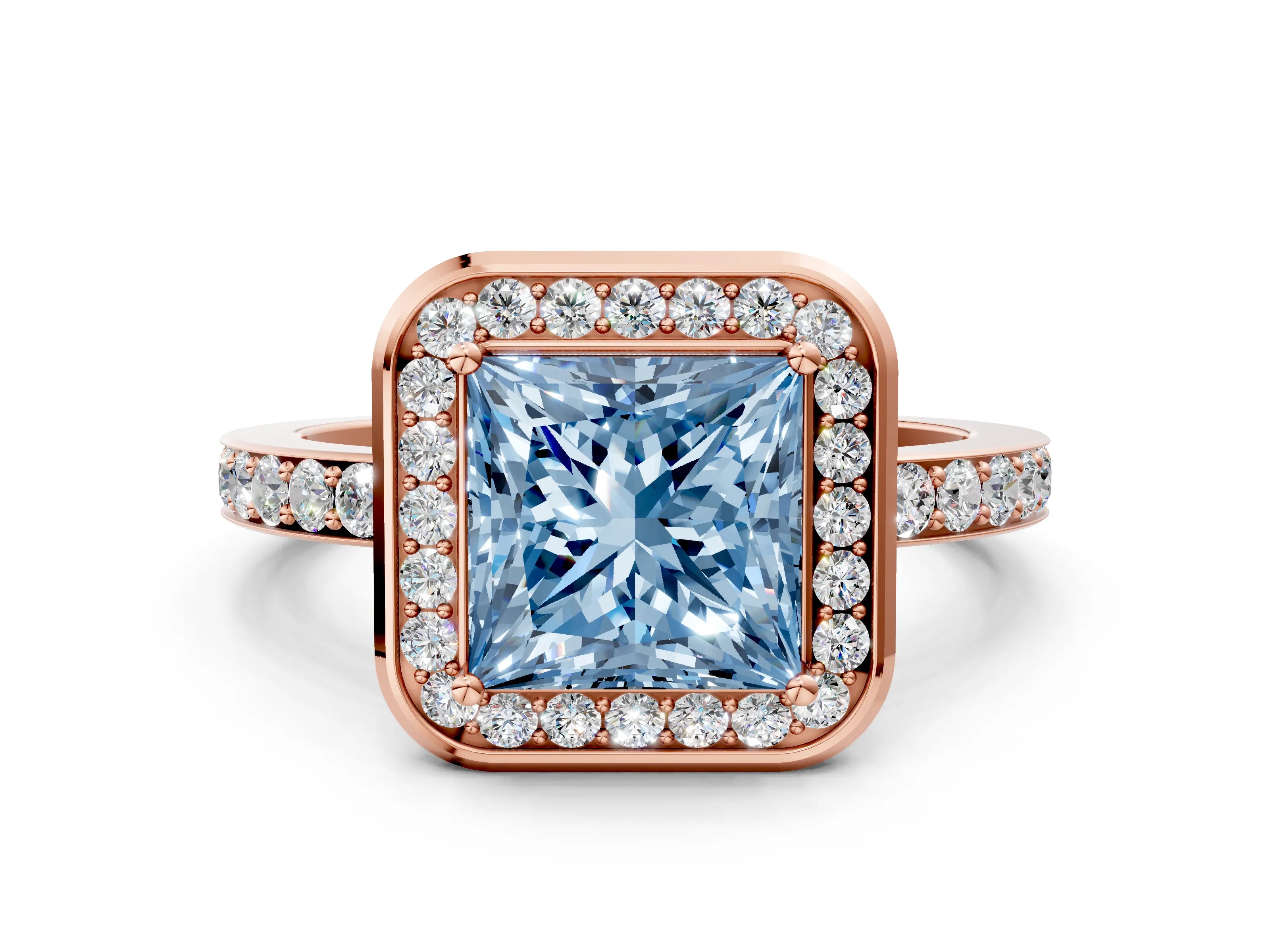 Rose gold Fancy Blue Princess Cut Diamond Halo Ring with Bezel Frame and Pavé Band