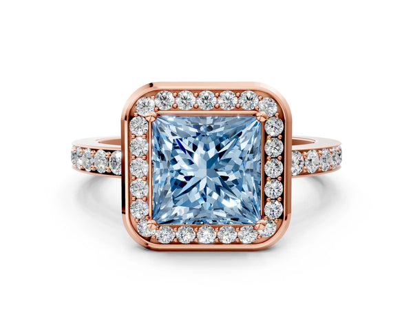 Rose Gold Princess Cut Pave Bezel-Rim Halo Engagement Ring Setting for Fancy Blue Center