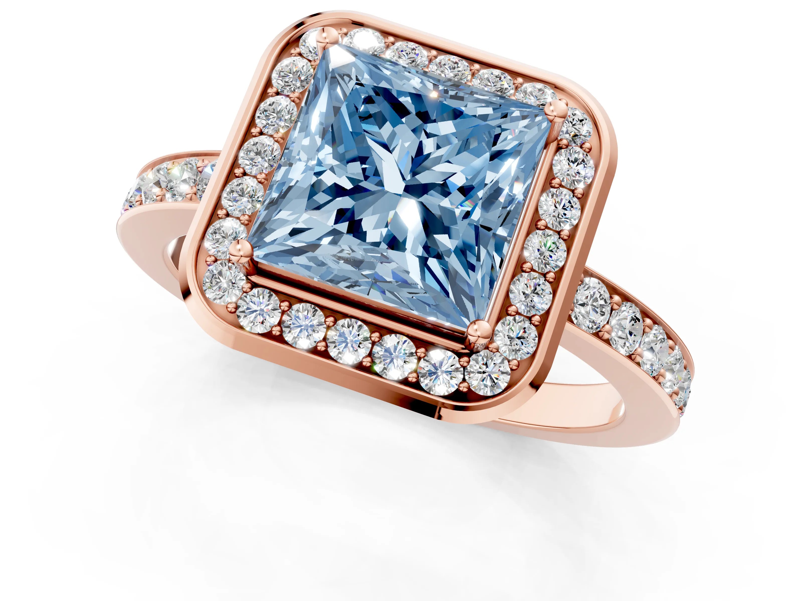 Rose gold Fancy Blue Princess Cut Diamond Halo Ring with Bezel Frame and Pavé Band_1