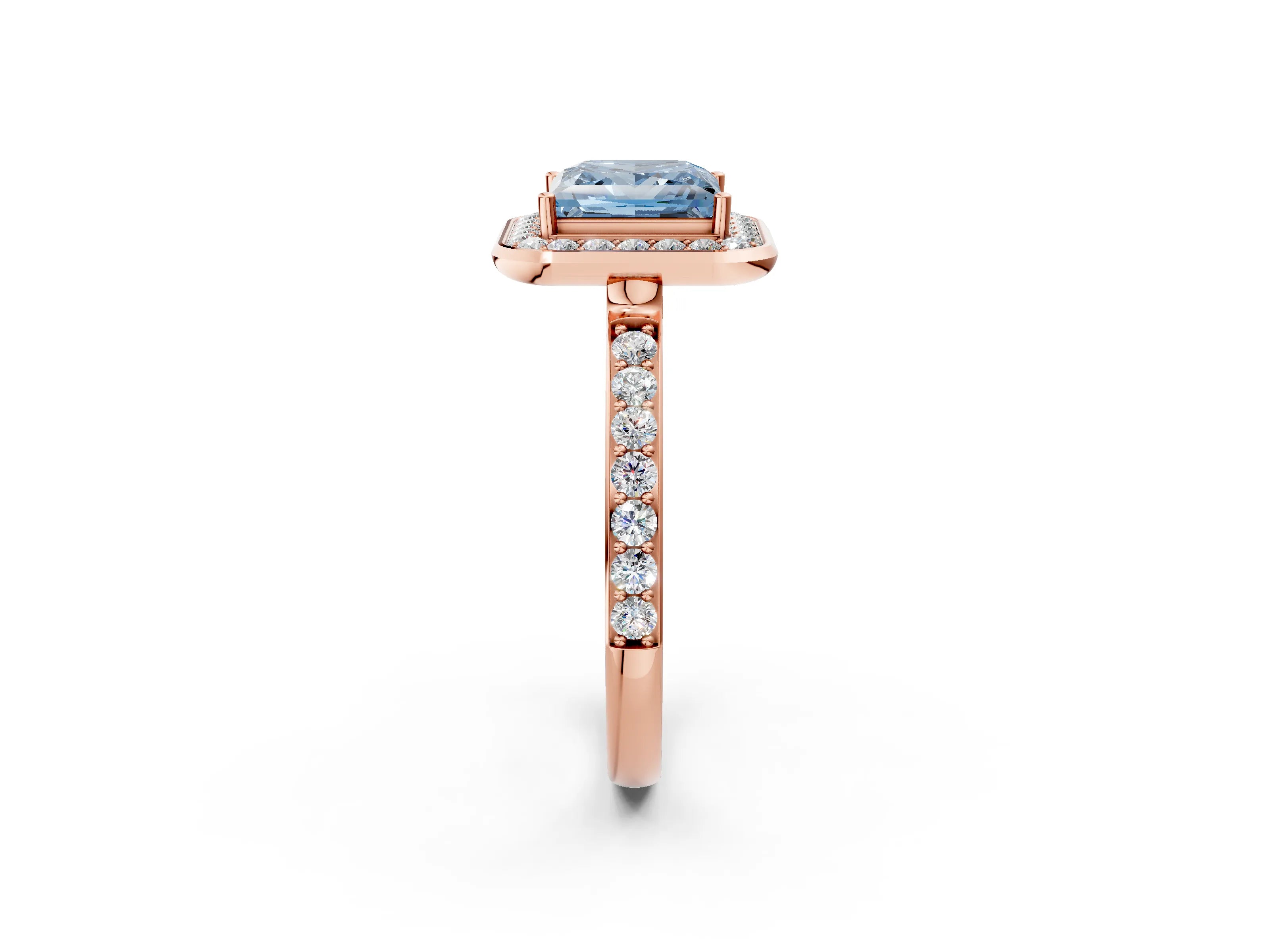Rose gold Fancy Blue Princess Cut Diamond Halo Ring with Bezel Frame and Pavé Band_2