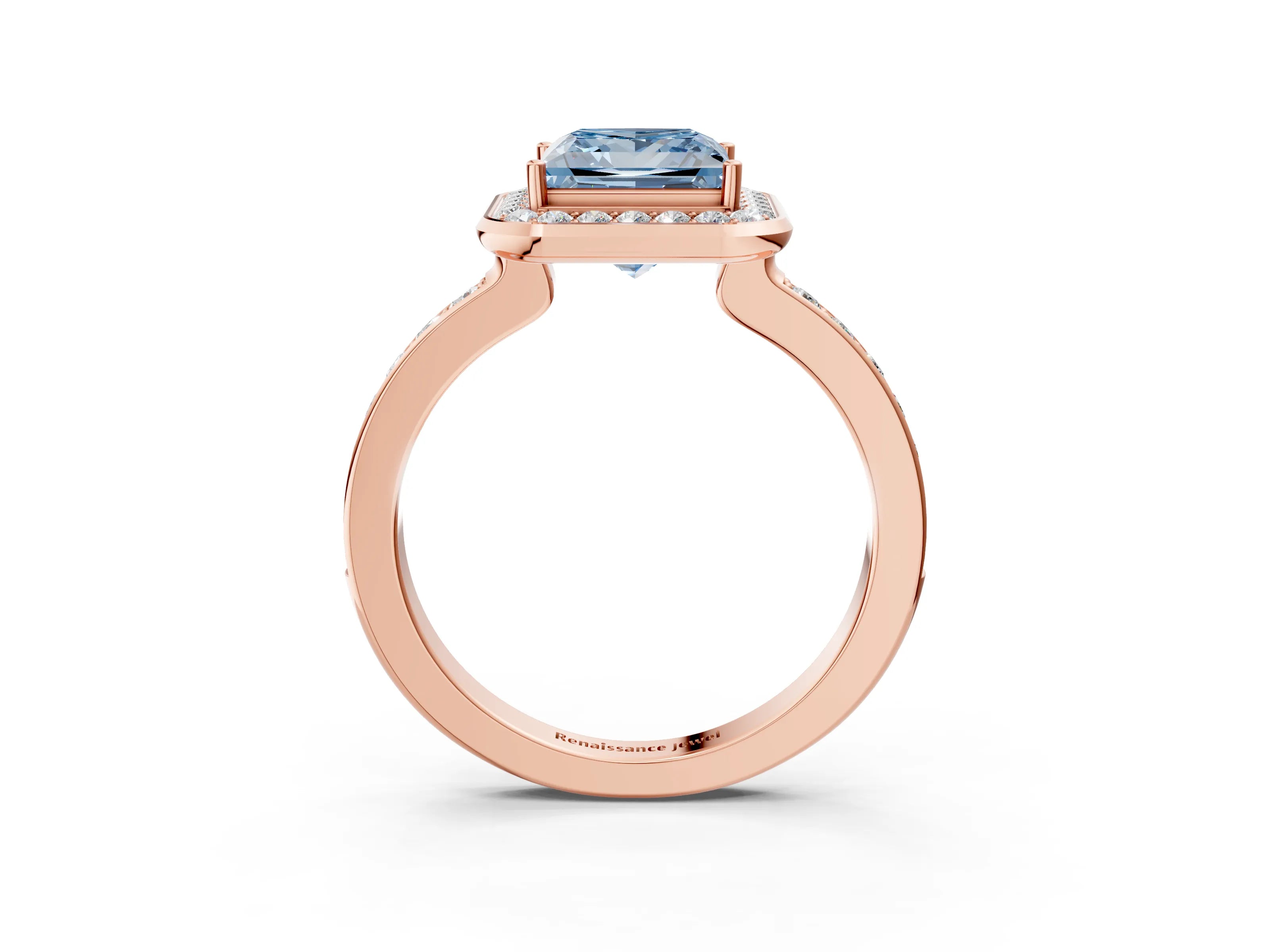 Rose gold Fancy Blue Princess Cut Diamond Halo Ring with Bezel Frame and Pavé Band_3