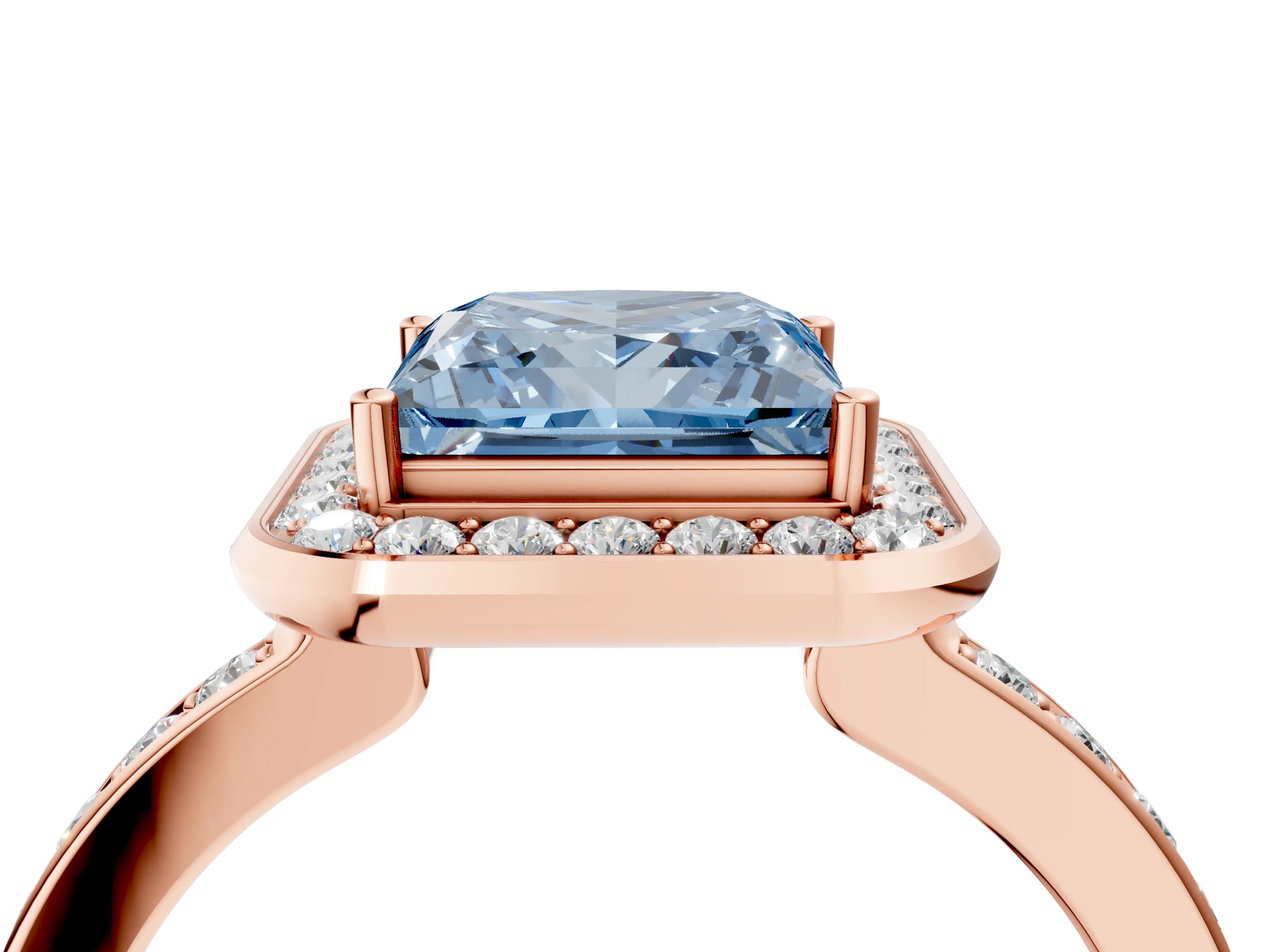 Rose gold Fancy Blue Princess Cut Diamond Halo Ring with Bezel Frame and Pavé Band_4