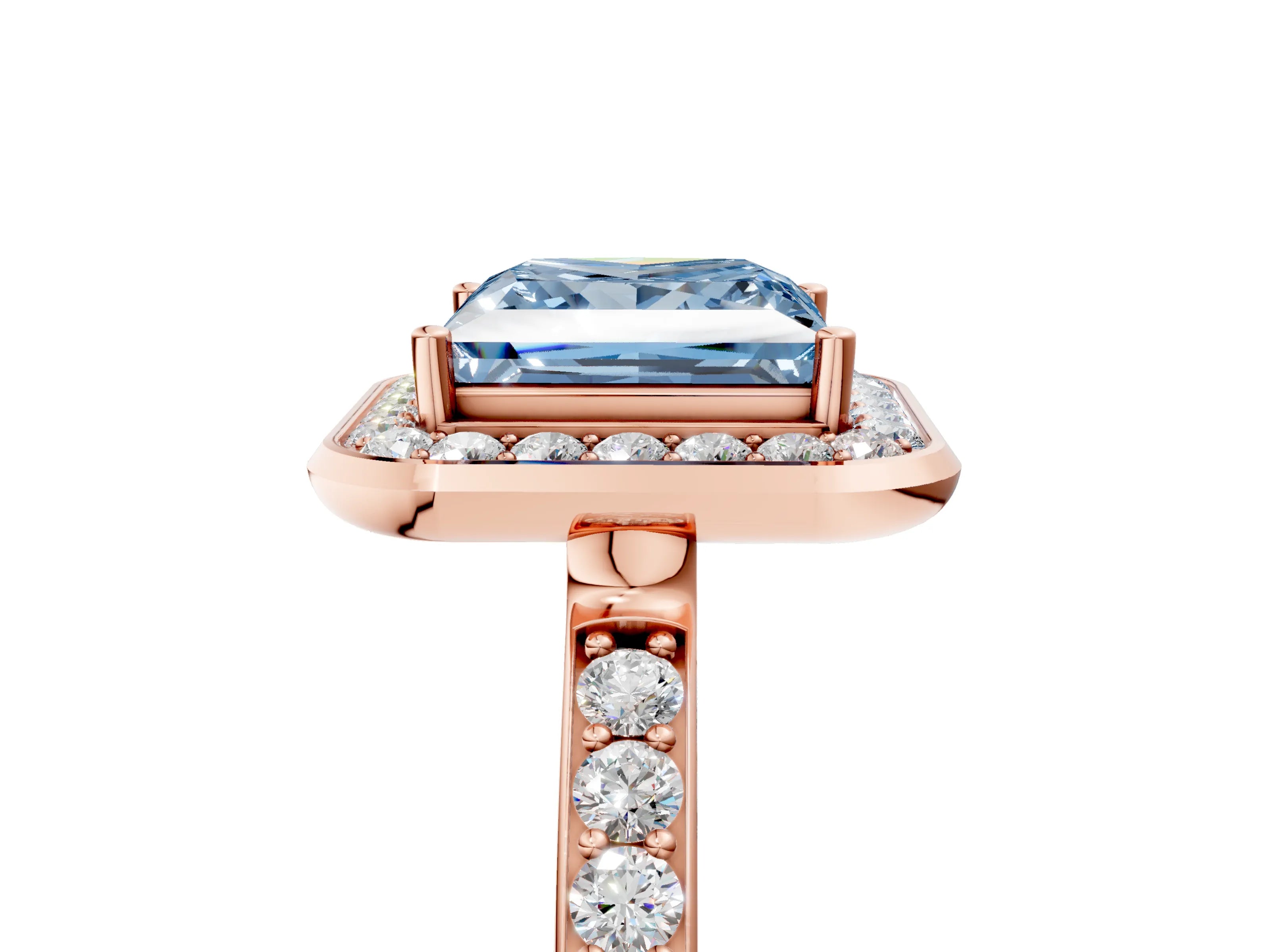 Rose gold Fancy Blue Princess Cut Diamond Halo Ring with Bezel Frame and Pavé Band_5