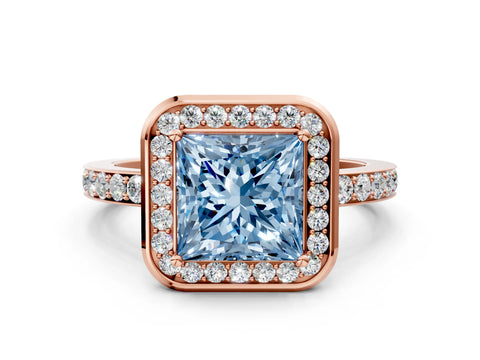 Rose gold Fancy Blue Princess Cut Diamond Halo Ring with Bezel Frame and Pavé Band