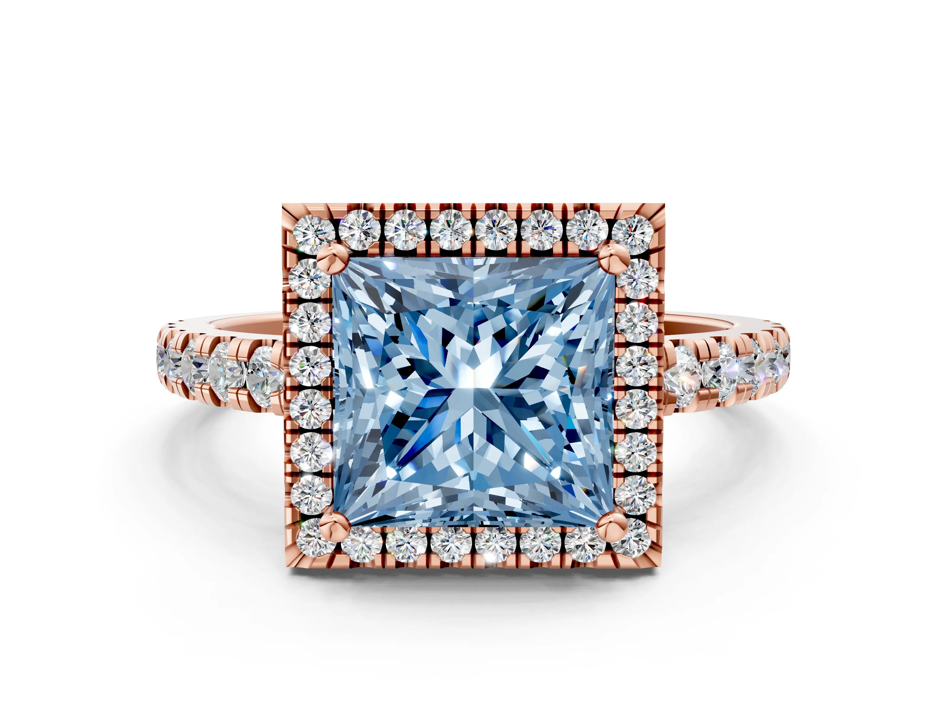 Rose gold Fancy Blue Princess Cut Diamond Halo Ring with Pavé Band and Four-Prong Setting