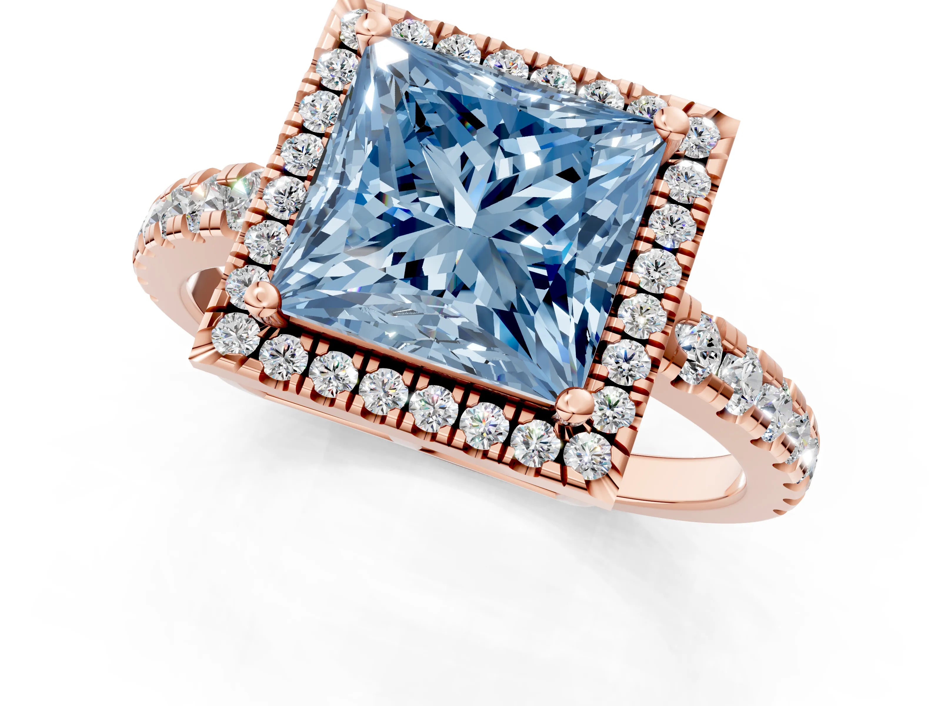 Rose gold Fancy Blue Princess Cut Diamond Halo Ring with Pavé Band and Four-Prong Setting_1