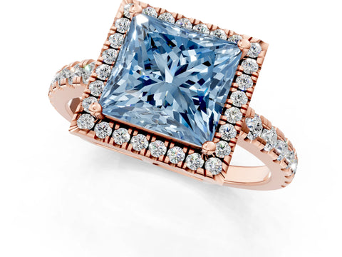 Rose gold Fancy Blue Princess Cut Diamond Halo Ring with Pavé Band and Four-Prong Setting_1