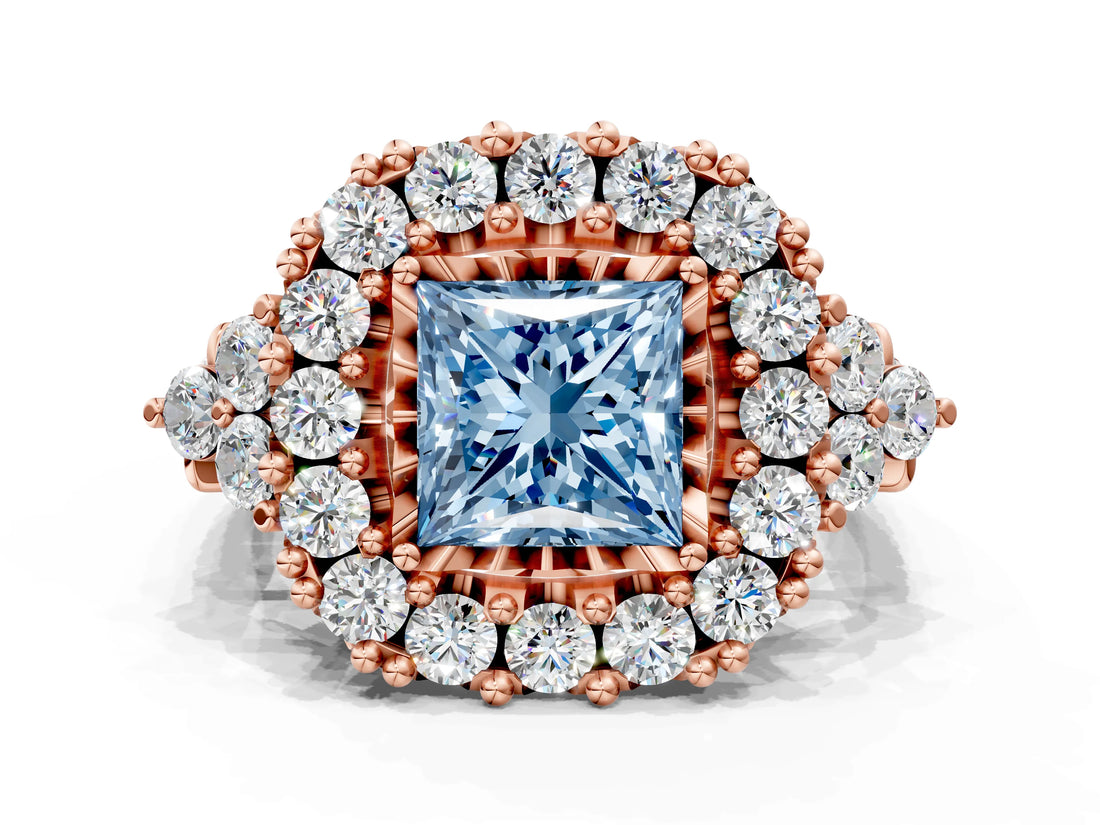 Rose gold Fancy Blue Princess Cut Diamond Halo Ring with Pavé Band and Four-Prong Setting_41