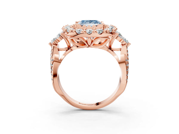 Rose Gold Princess Cut Halo Crossover Pave Engagement Ring Setting for Fancy Blue Center