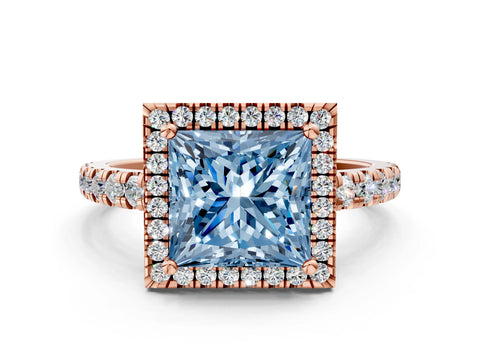 Rose gold Fancy Blue Princess Cut Diamond Halo Ring with Pavé Band and Four-Prong Setting
