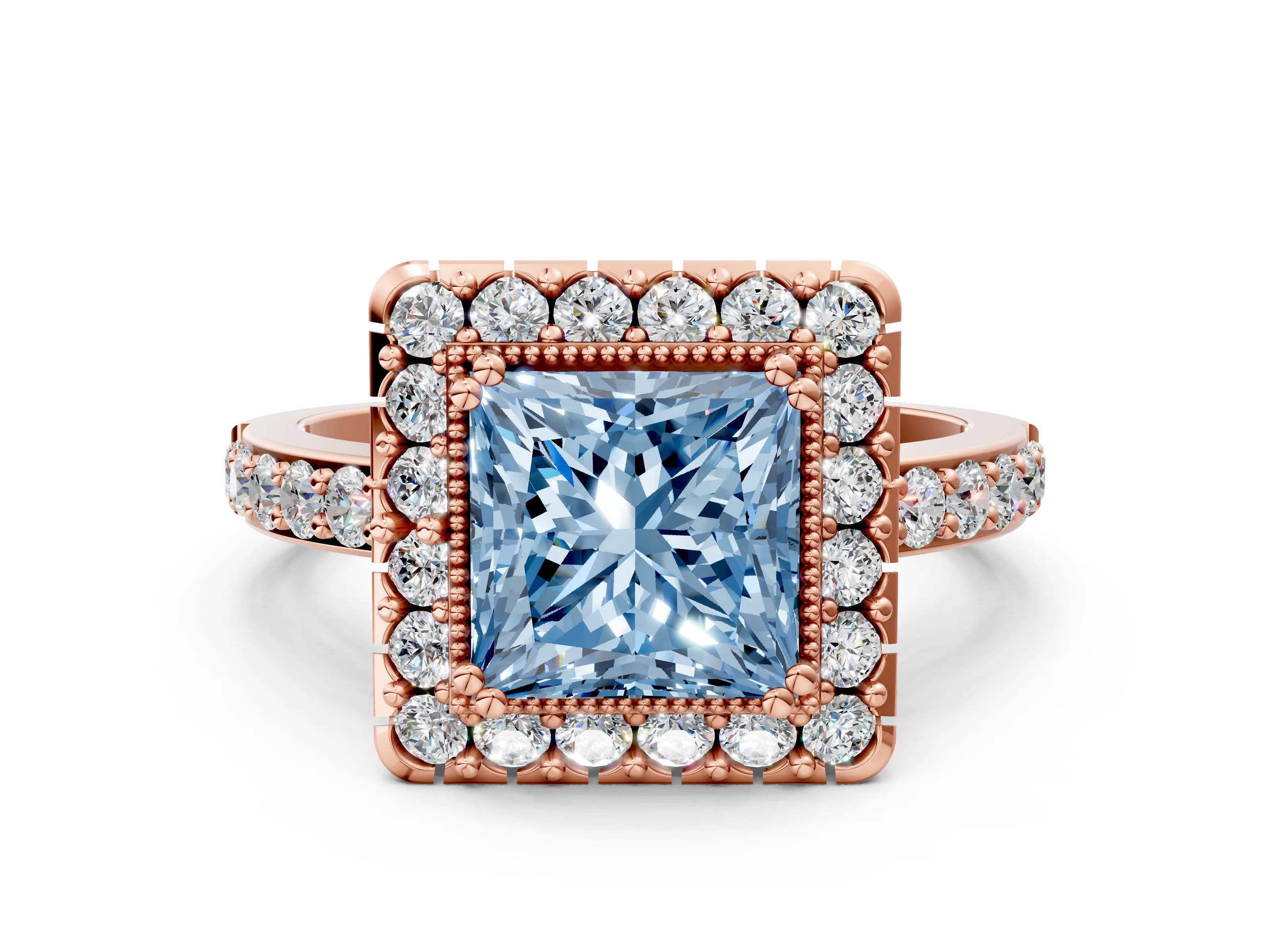 Rose gold Fancy Blue Princess Cut Diamond Halo Ring with Pavé Band and Prong Setting