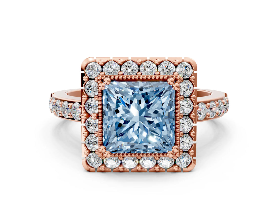 Rose gold Fancy Blue Princess Cut Diamond Halo Ring with Pavé Band and Prong Setting