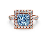 Rose gold Fancy Blue Princess Cut Diamond Halo Ring with Pavé Band and Prong Setting