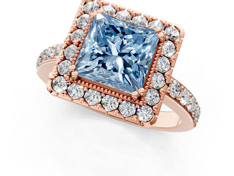 Rose gold Fancy Blue Princess Cut Diamond Halo Ring with Pavé Band and Prong Setting_1