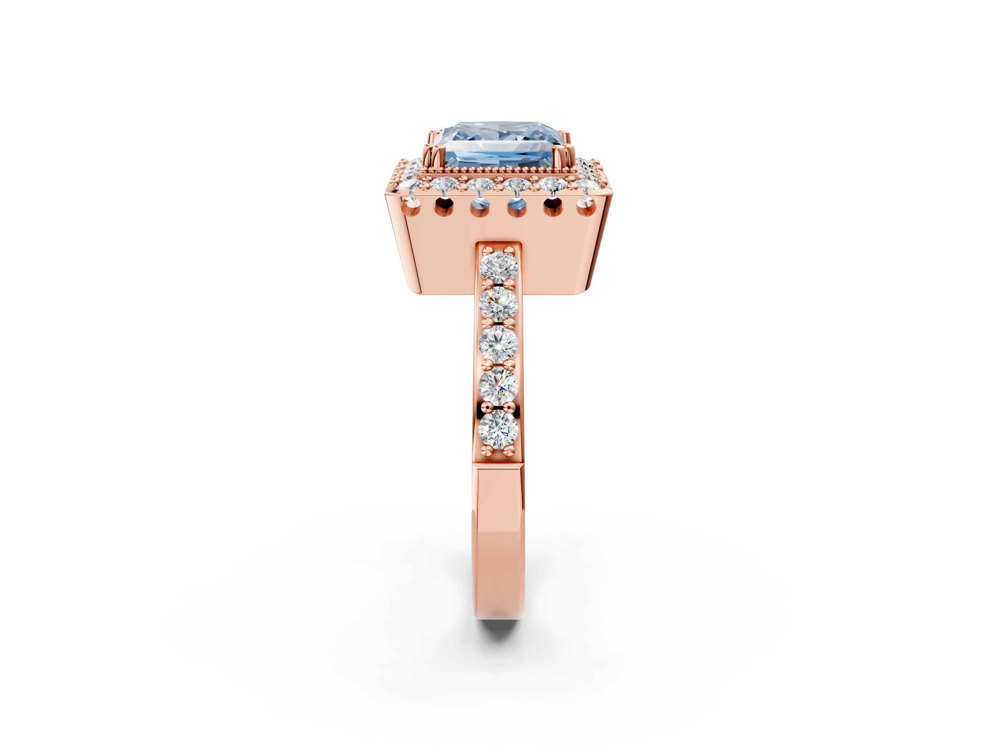 Rose gold Fancy Blue Princess Cut Diamond Halo Ring with Pavé Band and Prong Setting_2