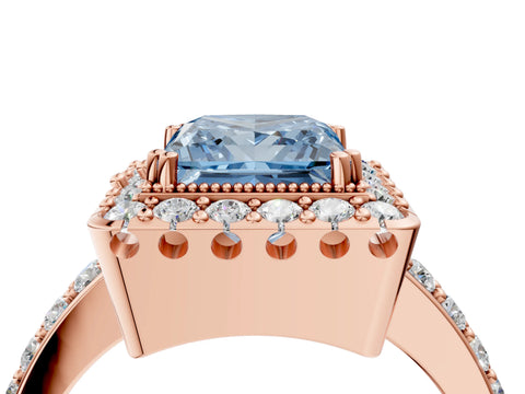 Rose gold Fancy Blue Princess Cut Diamond Halo Ring with Pavé Band and Prong Setting_4