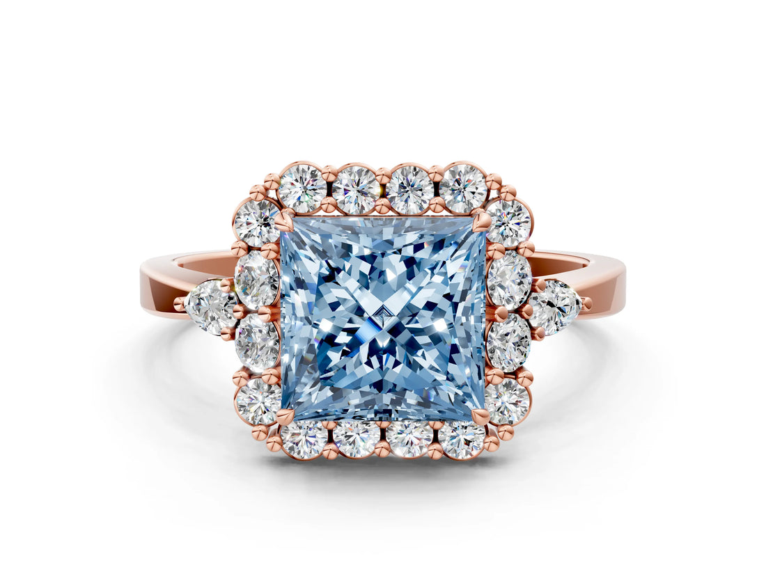 Rose gold Fancy Blue Princess Cut Diamond Halo Ring with Pear Side Stones and Prong Setting_68