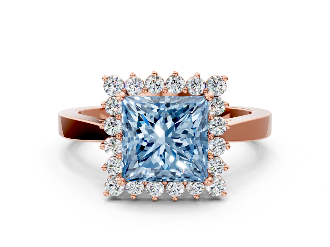 Rose gold Fancy Blue Princess  Cut Diamond Halo Ring with Round Brilliant Halo and Solitaire Band_92