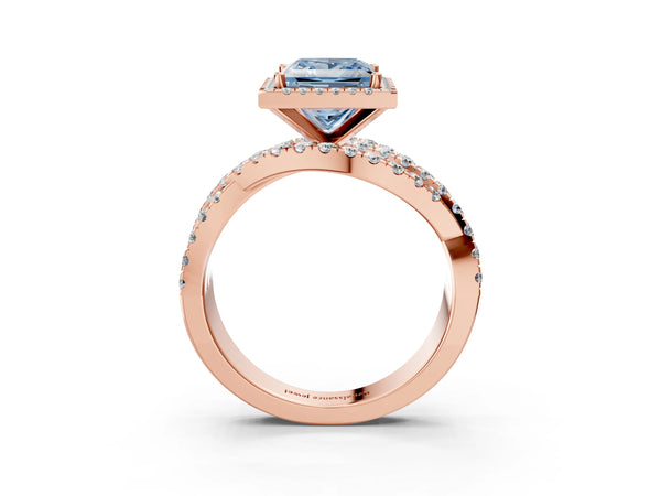 Rose Gold Princess Cut Halo Twist Engagement Ring Setting for Fancy Blue Center