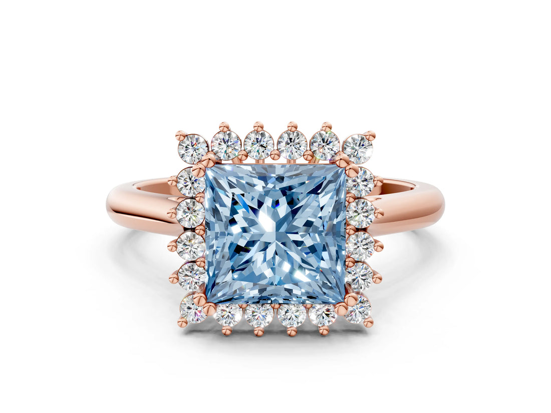 Rose gold Fancy Blue Princess  Cut Diamond Halo Ring with Solitaire Band and Prong Setting_53