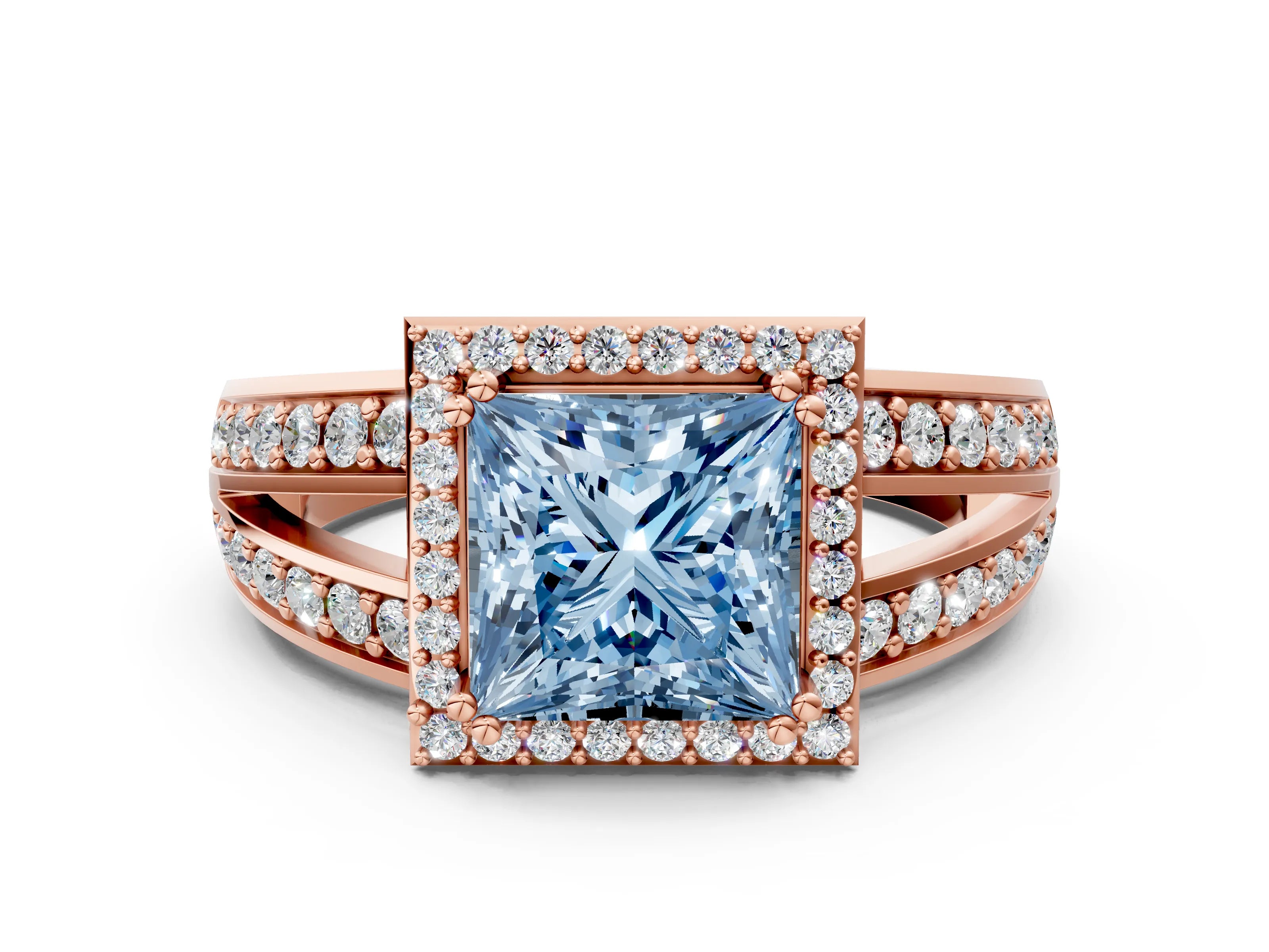 Rose gold Fancy Blue Princess Cut Diamond Halo Ring with Split Shank Pavé Band and Four-Prong Setting