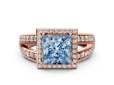 Rose gold Fancy Blue Princess Cut Diamond Halo Ring with Split Shank Pavé Band and Four-Prong Setting