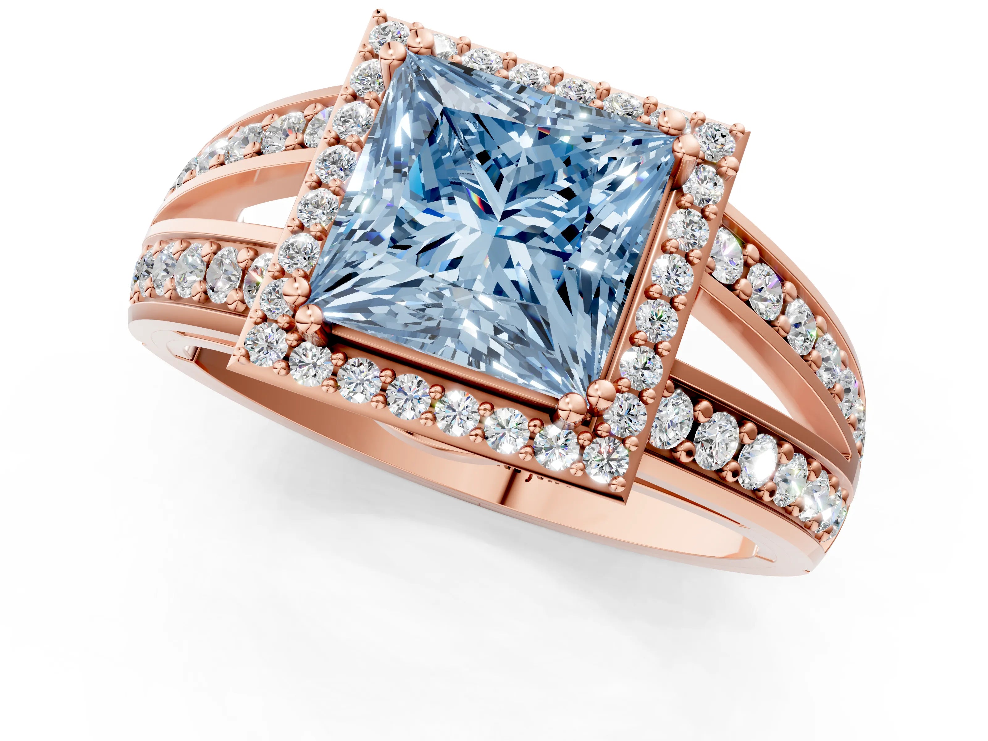 Rose gold Fancy Blue Princess Cut Diamond Halo Ring with Split Shank Pavé Band and Four-Prong Setting_1