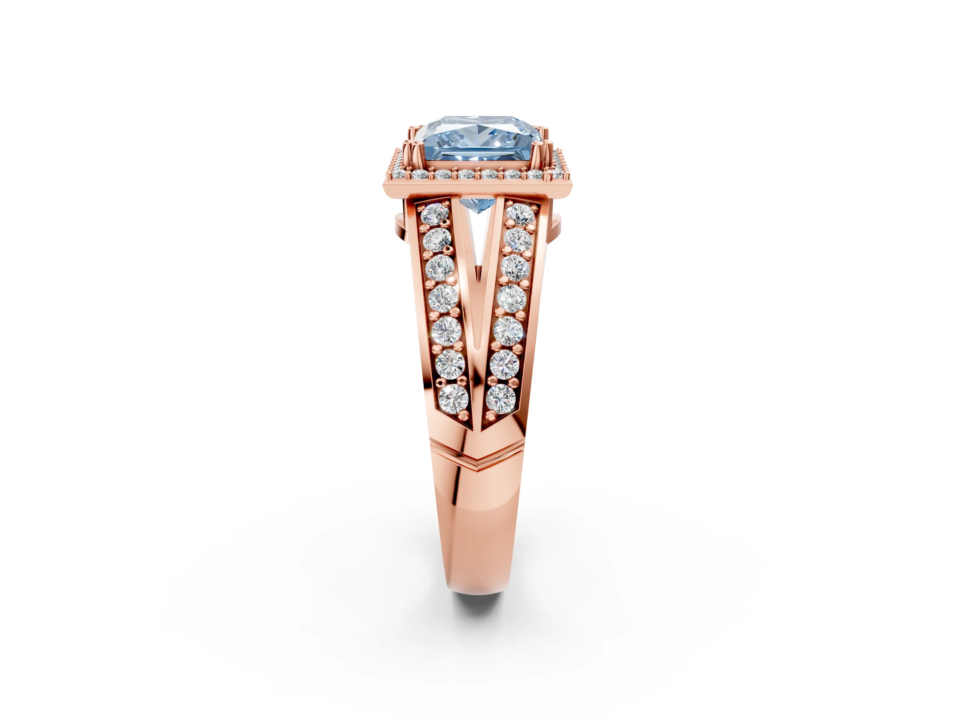 Rose gold Fancy Blue Princess Cut Diamond Halo Ring with Split Shank Pavé Band and Four-Prong Setting_2