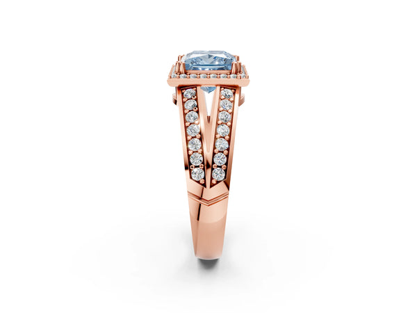 Rose gold Fancy Blue Princess Cut Diamond Halo Ring with Split Shank Pavé Band and Four-Prong Setting
