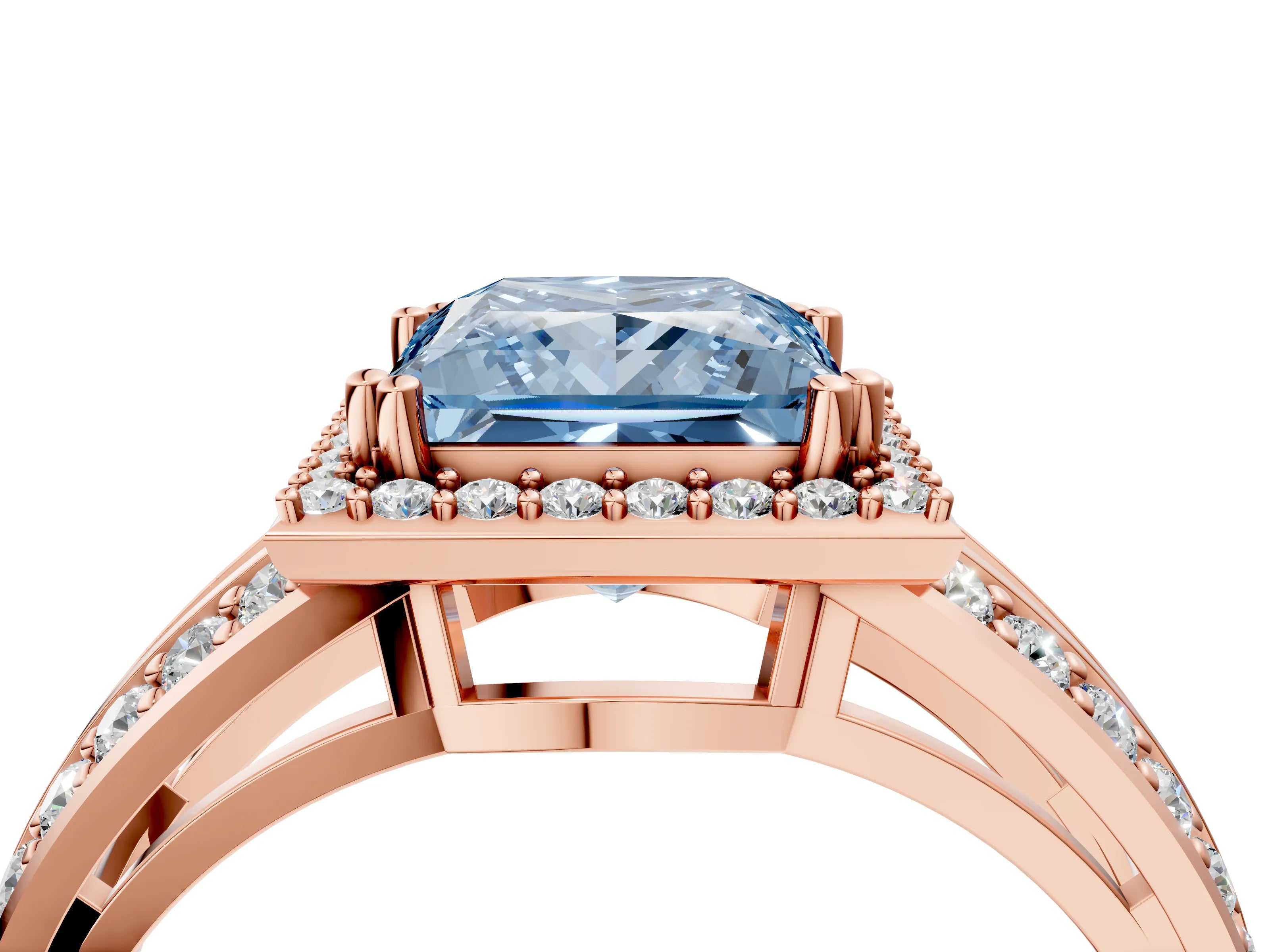 Rose gold Fancy Blue Princess Cut Diamond Halo Ring with Split Shank Pavé Band and Four-Prong Setting_4