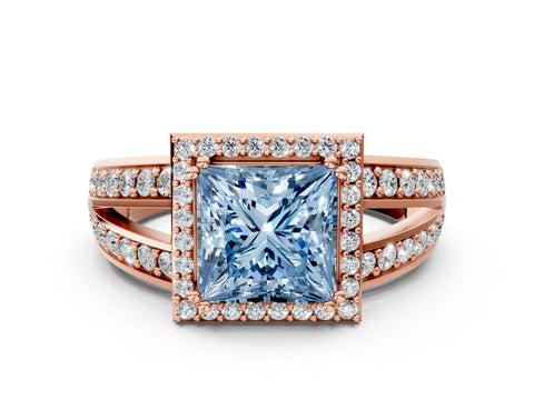 Rose gold Fancy Blue Princess Cut Diamond Halo Ring with Split Shank Pavé Band and Four-Prong Setting