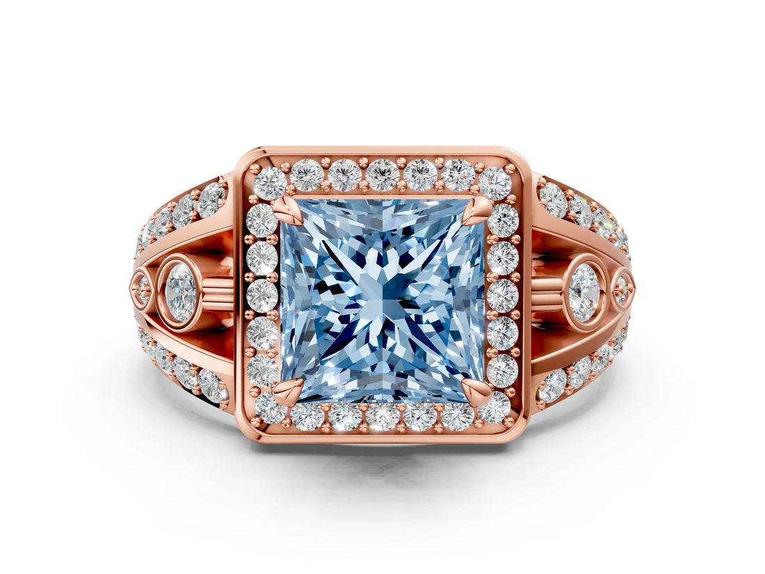 Rose gold Fancy Blue Princess Cut Diamond Halo Ring with Split Shank and Bezel Accents and Four-Prong Setting