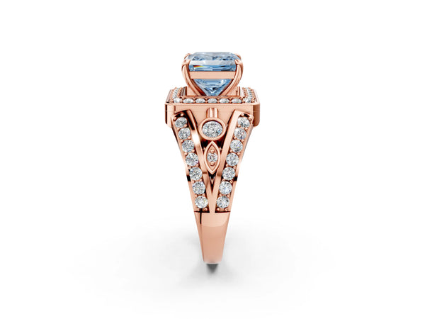 Rose gold Fancy Blue Princess Cut Diamond Halo Ring with Split Shank and Bezel Accents and Four-Prong Setting