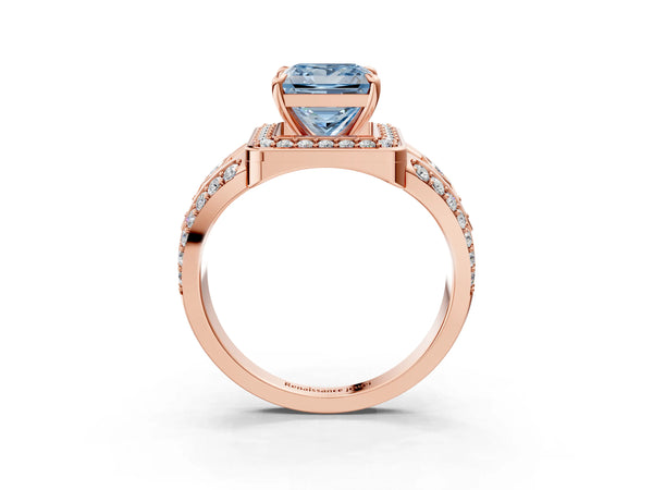 Rose gold Fancy Blue Princess Cut Diamond Halo Ring with Split Shank and Bezel Accents and Four-Prong Setting