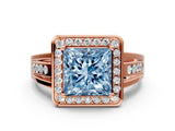 Rose gold Fancy Blue Princess Cut Diamond Halo Ring with Split Shank and Bezel Accents and Prong Setting