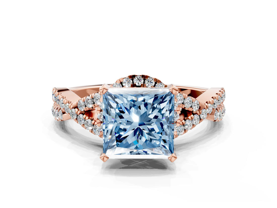 Rose gold Fancy Blue Princess Cut Diamond  Halo Twist Band Solitaire Prong Setting Ring_48
