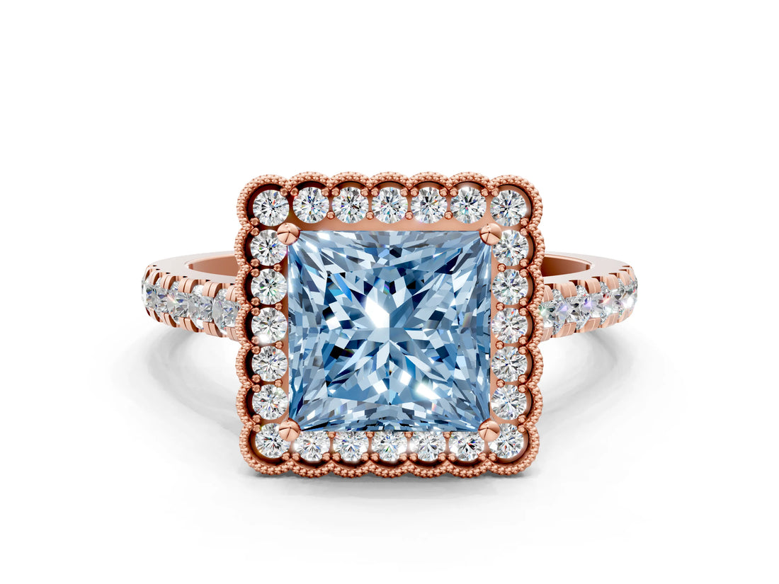 Rose gold Fancy Blue Princess  Cut Diamond Milgrain Floral Halo Engagement Ring with Pavé Band_15