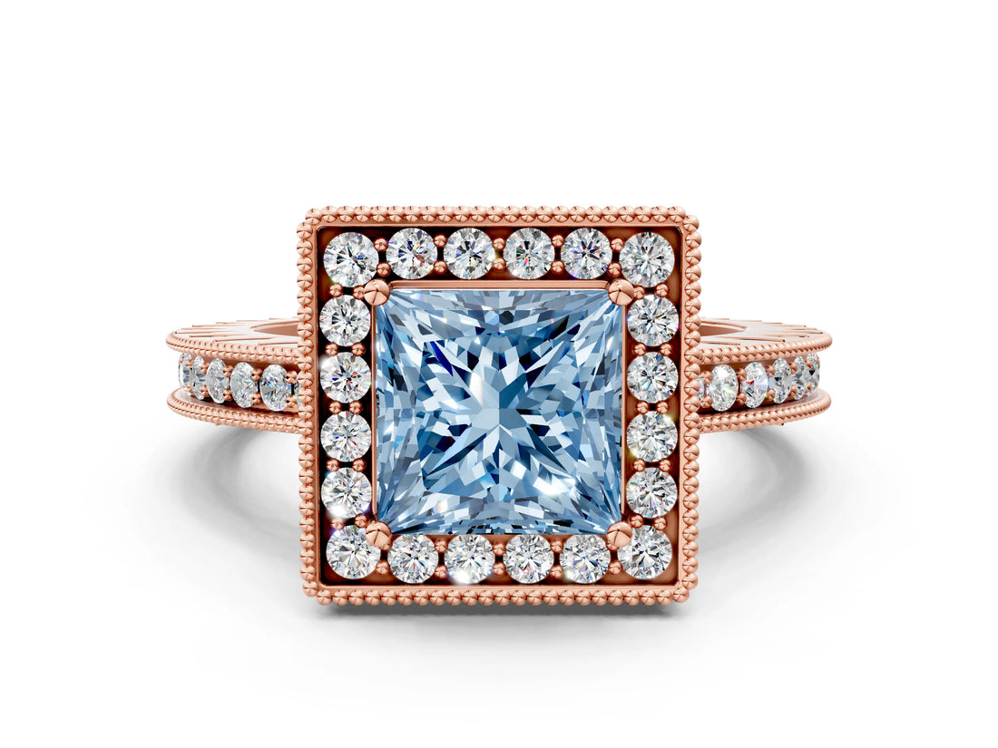 Rose gold Fancy Blue Princess Cut Diamond Milgrain Halo Engagement Ring with Round Pavé Band and Prong Setting_12