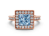 Rose gold Fancy Blue Princess Cut Diamond Milgrain Halo Engagement Ring with Round Pavé Band and Prong Setting_12