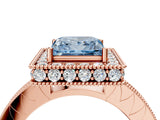 Rose gold Fancy Blue Princess Cut Diamond Milgrain Halo Engagement Ring with Round Pavé Band and Prong Setting_16