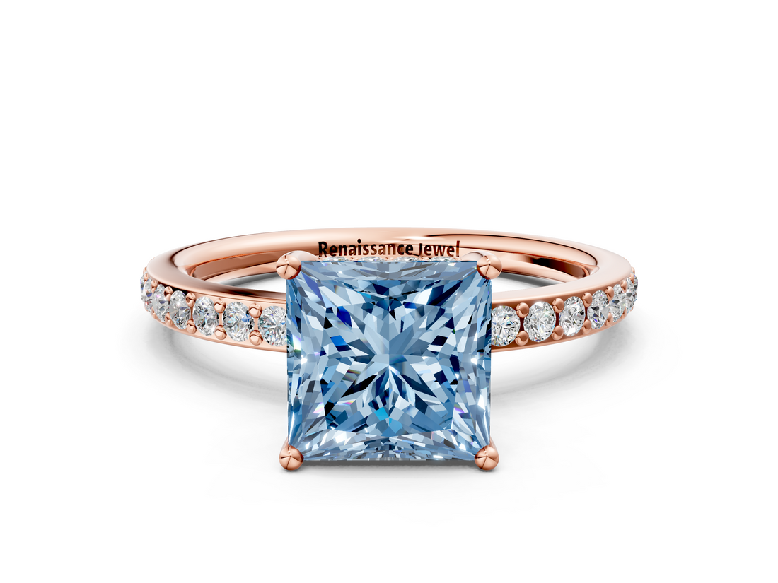 Rose gold Fancy Blue Princess  Cut Diamond Pavé Band Ring with Four-Prong Setting_24