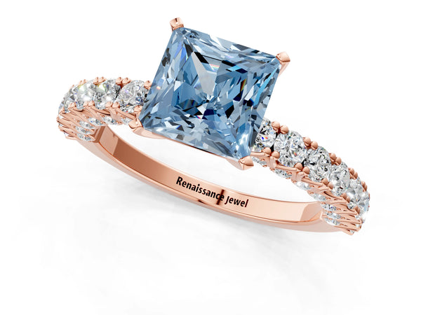 Rose gold Fancy Blue Princess Cut Diamond Pavé Band Solitaire Ring with Prong Setting