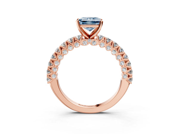 Rose gold Fancy Blue Princess Cut Diamond Pavé Band Solitaire Ring with Prong Setting