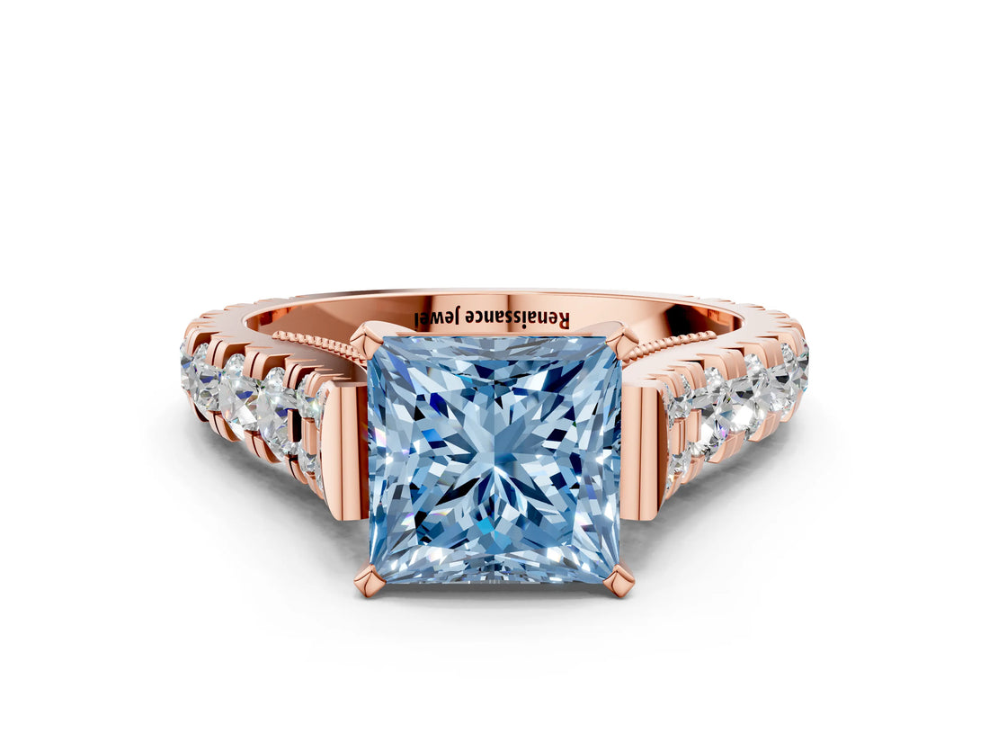 Rose gold Fancy Blue Princess  Cut Diamond Pavé Band Solitaire with Four-Prong Setting_15