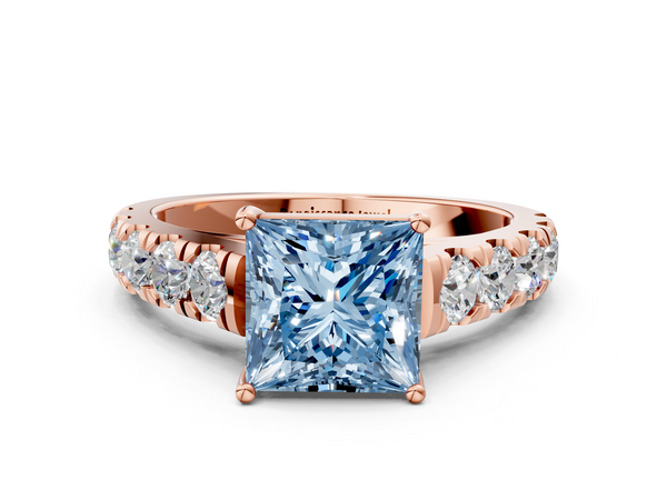 Rose gold Fancy Blue Princess  Cut Diamond Solitaire Ring with Micro Pave Band and Prong Setting