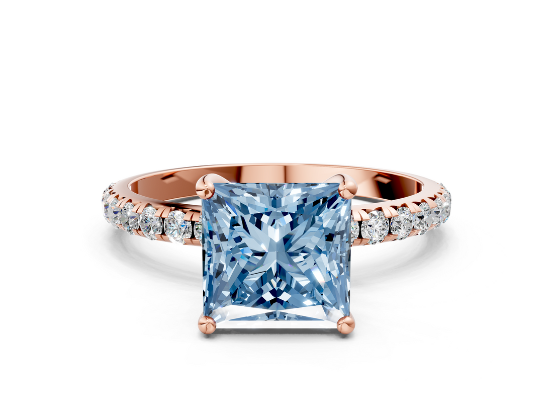 Rose gold Fancy Blue Princess  Cut Diamond Pavé Band Solitaire with Four-Prong Setting_3