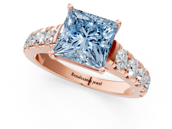 Rose gold Fancy Blue Princess  Cut Diamond Solitaire Ring with Micro Pave Band and Prong Setting