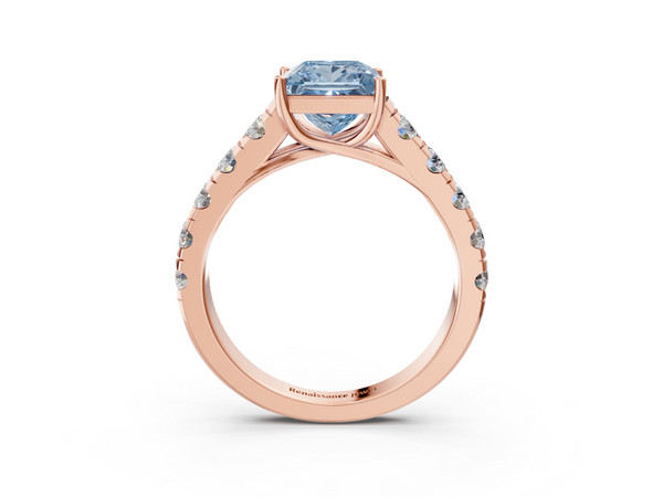 Rose gold Fancy Blue Princess  Cut Diamond Solitaire Ring with Micro Pave Band and Prong Setting